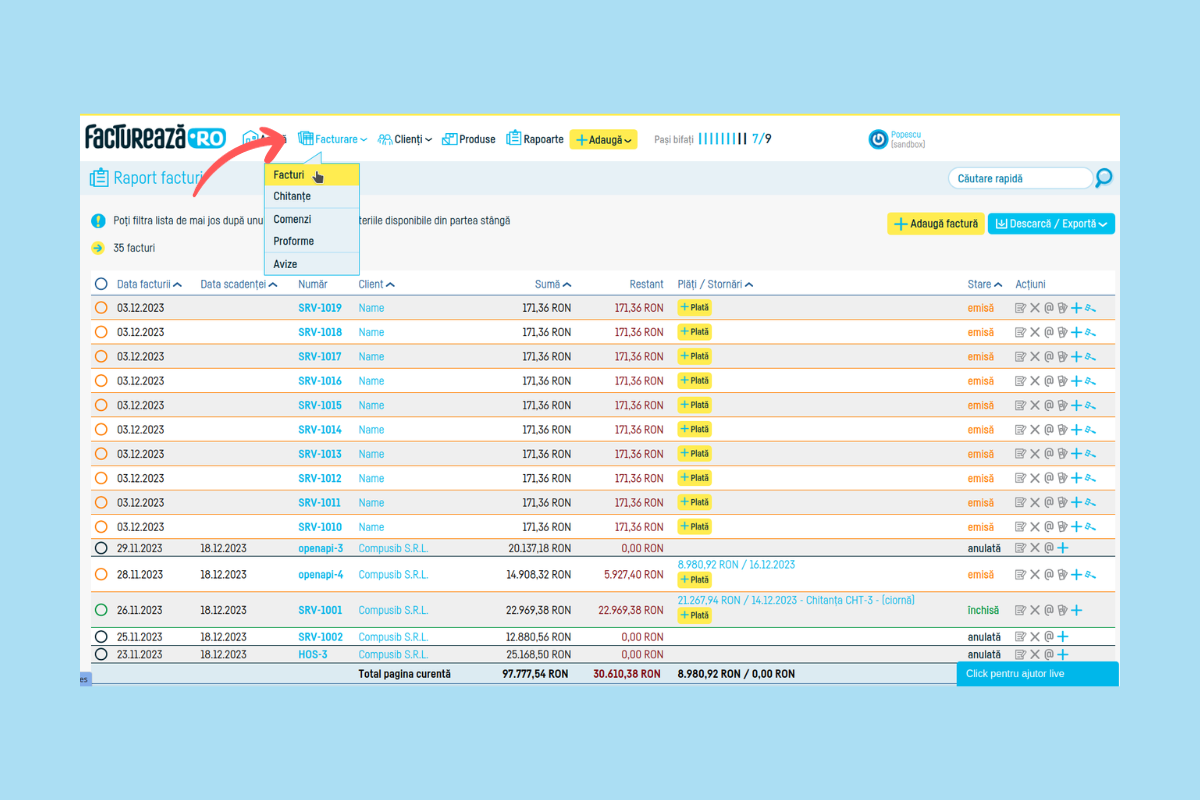 Descărcare facturi multiple în format e-factura - pasul 1